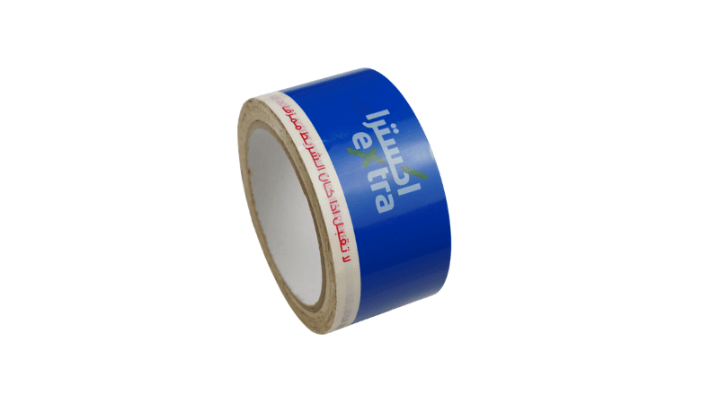 A roll of blue extreme temperature tamper-evident tape printed with "extra" branding