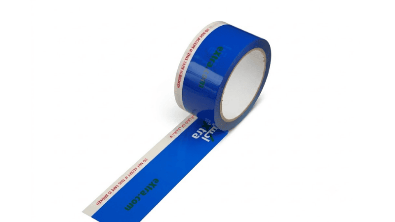 An unrolled roll of blue extreme temperature tamper-evident tape featuring "extra.com" branding and a red security warning edge reading "DO NOT ACCEPT IF THIS TAPE IS BROKEN".