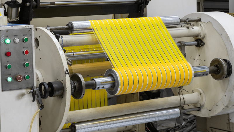 Industrial printing and slitting machinery processing rolls of bright yellow security tape in a manufacturing facility.
