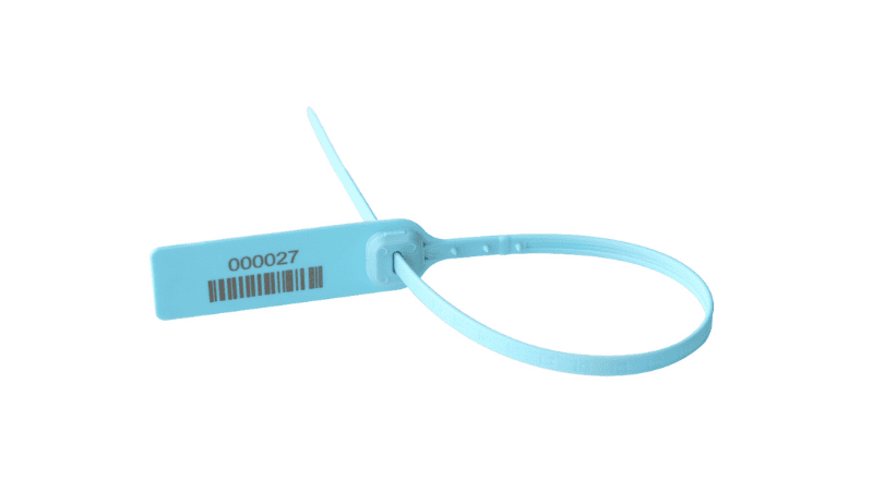 A light blue plastic tamper-evident seal tie with a printed serial number and barcode, used for food delivery security and package tamper prevention.