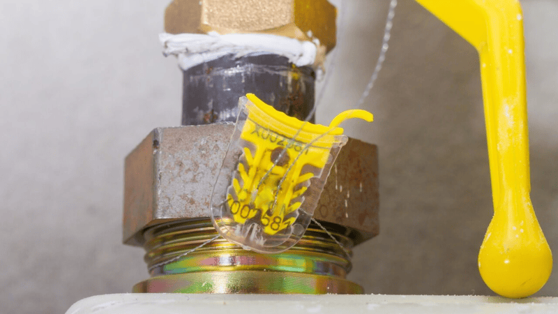A yellow plastic twist meter seal with a security wire attached to a pipe connection near a yellow valve handle.