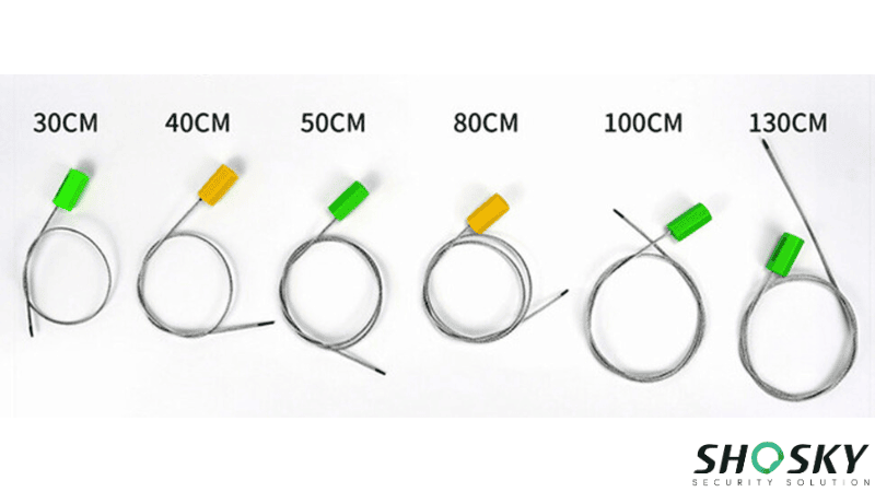 A comparison lineup of adjustable security cable seal options with green and yellow locking heads, available in lengths ranging from 30CM to 130CM.
