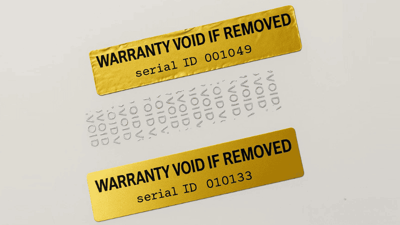 Close-up of a damaged warranty void label indicating tampering and warranty denial