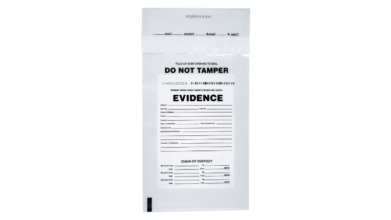 A clear plastic tamper-evident evidence bag printed with "DO NOT TAMPER" and a chain of custody information form.