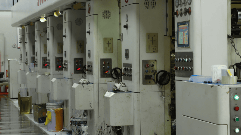 Industrial printing machinery unit stations in a factory facility for security seal and label production.