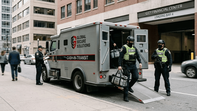 Armed security guards unloading secure cash bags from a Global Secure Solutions cash-in-transit armored vehicle in front of a financial center.