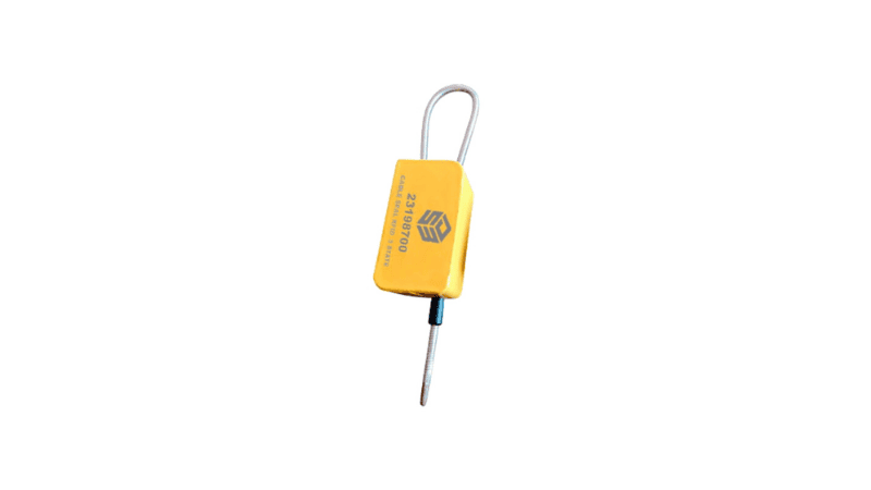 Yellow adjustable cable RFID security seal with a steel wire loop and serial number