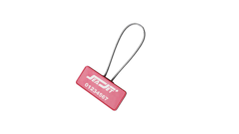 Red smart security cable seal printed with Sea Jet logo and serial number
