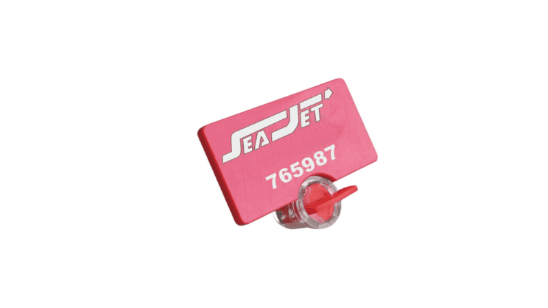 Red electronic twist meter seal e-seal featuring Sea Jet logo and serial number