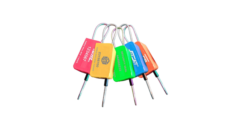 A fan-shaped arrangement of colorful RFID security seals with steel cables and printed tracking numbers