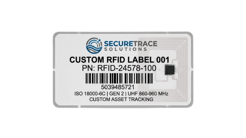 Custom RFID security label featuring a UHF chip antenna inlay, barcode, and serial number for asset tracking.
