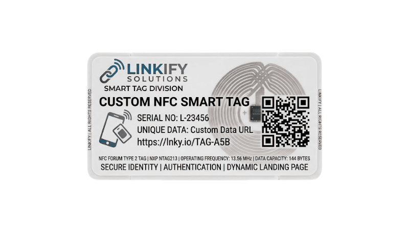 Custom NFC security label smart tag with an embedded NTAG213 antenna chip, QR code, and serial number.