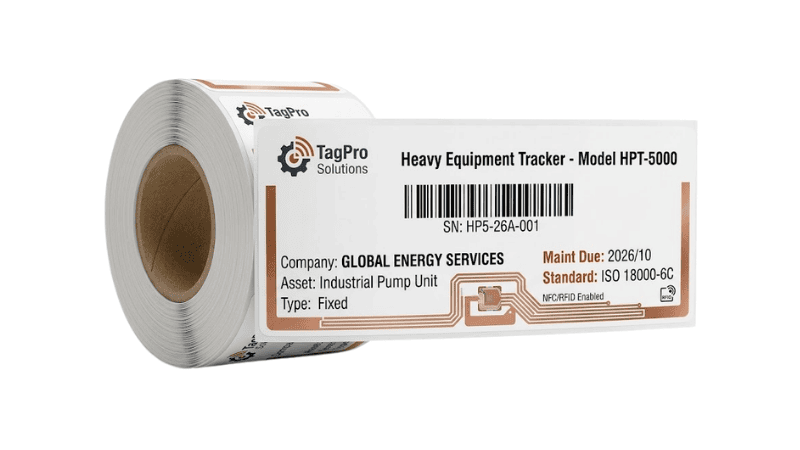 Roll of custom RFID security labels with embedded NFC and RFID antennas for heavy equipment and asset tracking.