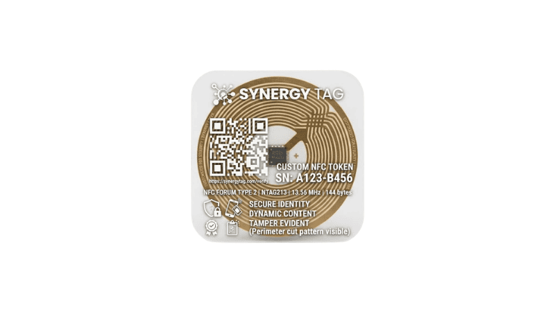 Square custom NFC security label with visible tamper-evident perimeter cuts, QR code, and NTAG213 chip inlay.